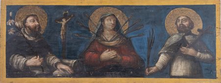 Maestro del XVII secolo. "Madonna delle Sette Spade con Santi". Olio su...