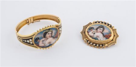 DEMIPARURE IN ORO E SMALTI Bracciale a manetta e spilla cajolet oro giallo...