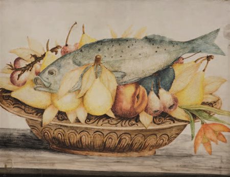 Octavianus Monfort (seguace) NATURA MORTA DI FIORI, FRUTTA E UN PESCE tempera...