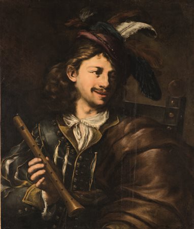 Scuola Fiamminga del XVII secolo GIOVANE PIFFERAIO olio su tela, cm 84,5x71