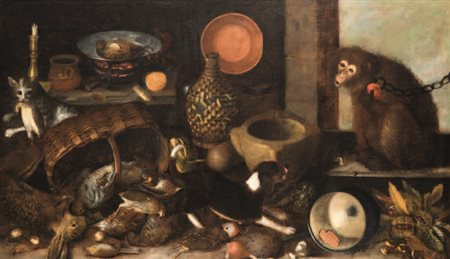 Felice Boselli (cerchia) NATURA MORTA CON ORTAGGI E ANIMALI olio su tela, cm...