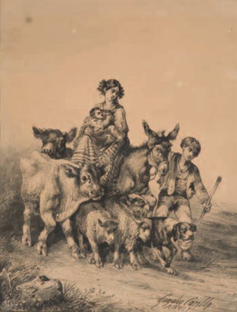 Consalvo Carelli Napoli 1818 – 1900 PASTORELLI inchiostro su carta, cm 32x25...