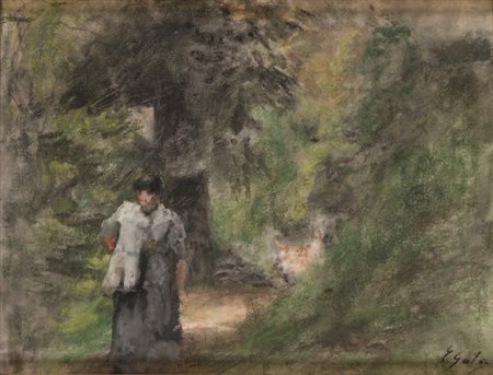 Emilio Gola Milano 1851 – 1923 FIGURA NEL BOSCO tecnica mista su cartoncino,...