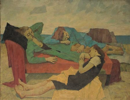 FELICE CASORATI Novara 1883 - Torino 1963 RAGAZZE AL MARE, 1941 olio su tela,...