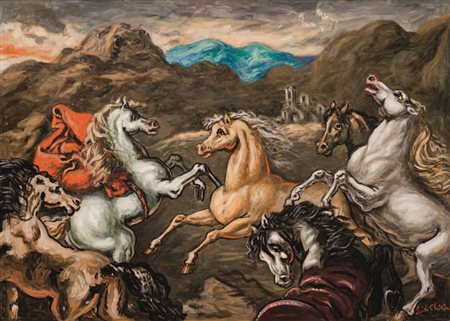GIORGIO DE CHIRICO Volo, Grecia 1888 - Roma 1978 CAVALLI olio su tela, cm...