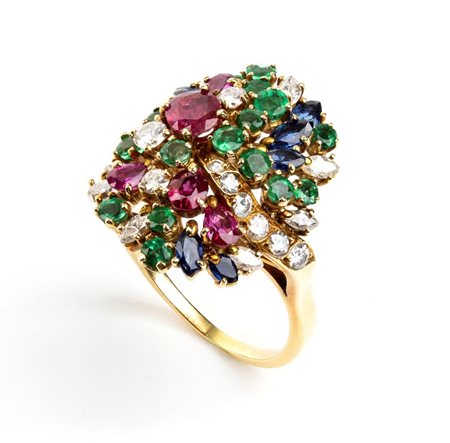 Anello in oro giallo, rubini, smeraldi e diamanti
