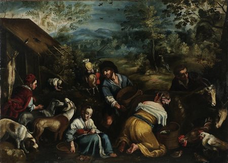 PITTORE BASSANESCO (PRIMA METÀ DEL XVII SECOLO) Contadini e animali. Olio su...