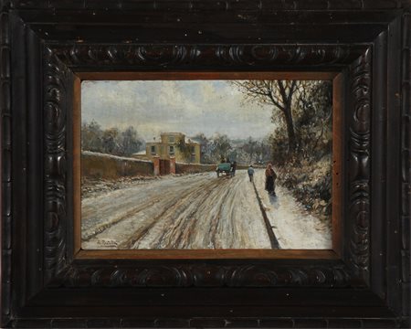 PRATELLA ATTILIO (1856 - 1949) Nevicata in via Capodimonte. Olio su tavola....