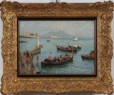PRATELLA ATTILIO (1856 - 1949) Pescatori a Mergellina. Olio su tela . Cm...