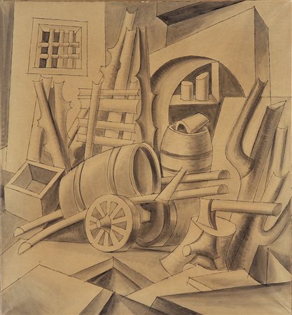 DEPERO FORTUNATO (1892 - 1960) Angolo di cortile rustico. 1944. China su...