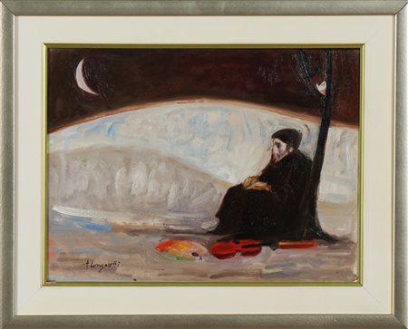LONGARETTI TRENTO (n. 1916) Vecchi artista nella neve. 2009. Olio su tela ....