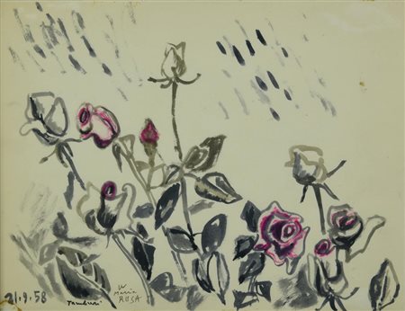 Orfeo Tamburi ROSE, 1958 gouache su carta, cm 24x31,5 firma, data e dedica ad...