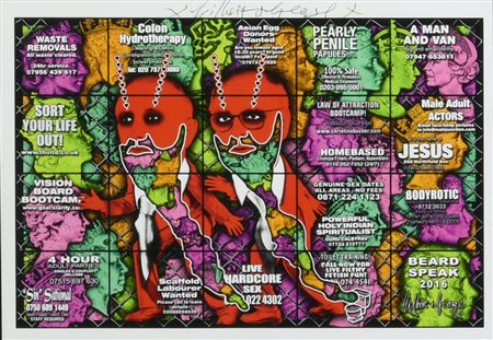 Gilbert & George BEARD SPEAK stampa tipografica, cm 15x21 firma Cartolina...