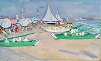 Moses Levy, 'Spiaggia di Viareggio con barche e ombrelloni', 1954