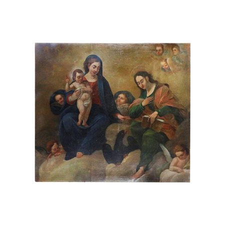  
Madonna con Bambino e S. Giovanni Evangelista e coro di angeli XVIII secolo
dipinto olio su tela 96,5 x 116,5 cm
