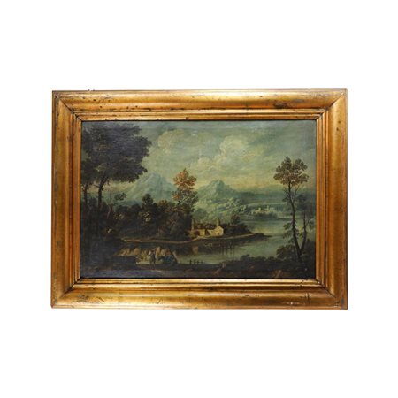  
Scorcio di paesaggio con monti, fiume e costruzioni Scuola italiana XVIII secolo
dipinto ad olio su tela 63,5 x 93 cm