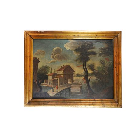  
Scorcio di paesaggio con fiume e personaggi e costruzioni Scuola nord europea XVIII secolo
 86 x 114 cm