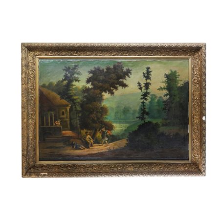  
Paesaggio fluviale con personaggi e costruzioni XIX secolo
dipinto ad olio su tela 70 x 100 cm