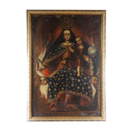  
Madonna con Bambino e globo crucifero arte latina americana  XVII/XVIII secolo
dipinto ad olio su tela 100 x 70 cm
