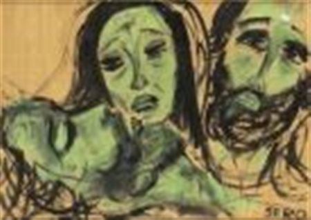 MIRABELLA SARO (Catania, 1914 - Roma, 1972) 
Omicidio in verde 
Tecnica mista su tavola, 48 x 68 cm 50 x 70 cm