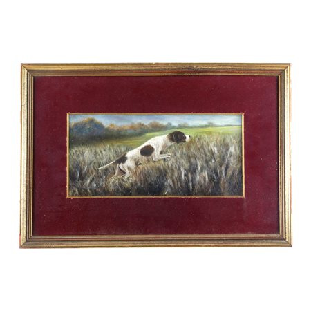  
Cane da caccia Prima metà XX secolo
dipinto ad olio su tela riportato su cartone 13 x 27 cm