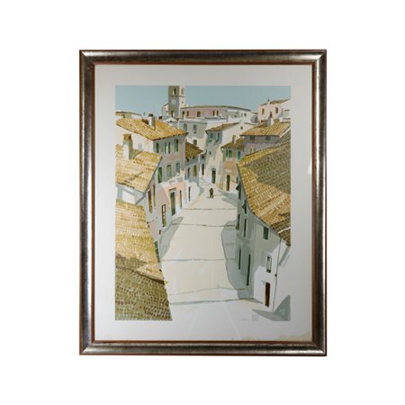 ALDO RISO (S. Maria di Leuca, 1927 - Roma, 2008) 
Scorcio di paese, multiplo su carta 
 80 x 60 cm