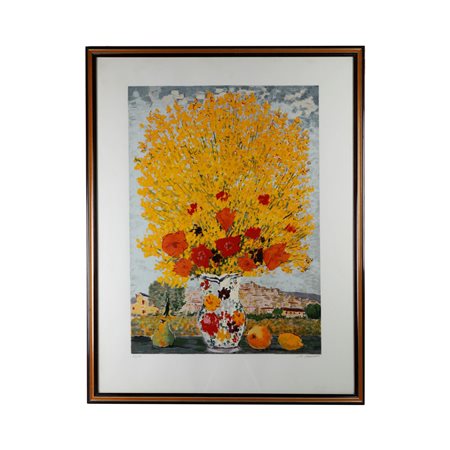MICHELE CASCELLA (Ortona, 1892 - Milano, 1989) 
Scorcio di paese con mazzo di fiori, multiplo su carta 
 70 x 50 cm