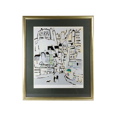 SANTE MONACHESI (Macerata, 1910 - Roma, 1991) 
Veduta di città, multiplo su carta 
 60 x 50 cm