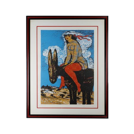SALVATORE FIUME (Comiso, 1915 - Canzo, 1997) 
Donna con somaro, multiplo su carta 
 60 x 40 cm