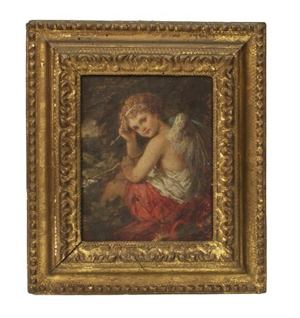 Pittore francese del XIX secolo ( - ) 
Amorino 
olio su tavola cm 16x12; con cm 27x23