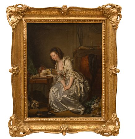 Jean-Baptiste  Greuze (attribuito a) (Tournus, 1725 - Parigi, 1805) 
Lo specchio rotto 
olio su tela cm 56x47; con cornice cm 72x63