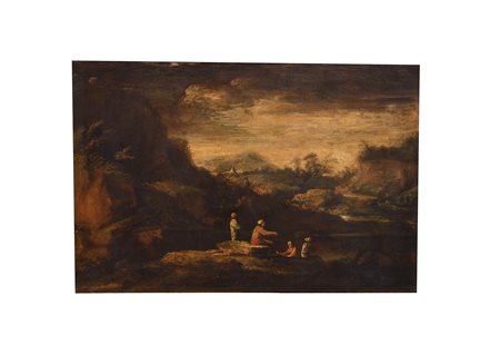 Jacob  de Heusch (Utrecht, 1656 - Utrecht, 1701) 
Coppia di paesaggi con figure di viandanti 
olio su tela cm 49x75