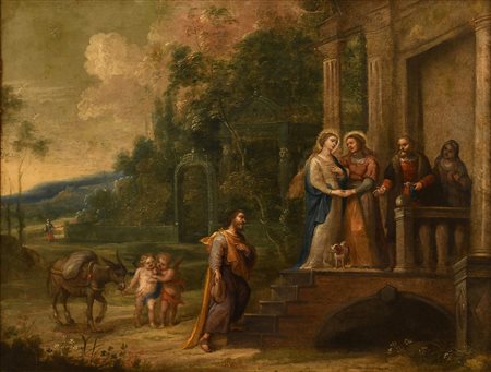 Pittore fiammingo attivo nella prima metà del XVII secolo - Scuola Fiamminga XVII secolo ( - ) , ( - ) 
Episodio biblico della fuga in Egitto 
olio su rame cm 73x56 