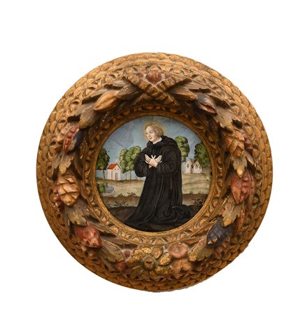  
San Benedetto assiso in adorazione XVII secolo
olio su ceramica Limoges diametro cm 19