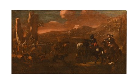 Scuola Napoletana XVIII secolo ( - ) 
Coppia di battaglie 
olio su tela cm 74x127