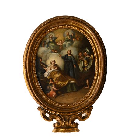 Scuola Napoletana XVIII secolo ( - ) 
La morte di San Giuseppe. 
olio su tavola ovale cm 50x40; con cornice cm 77x54,3