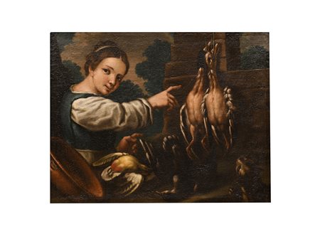 Felice Boselli (attribuito a) (Piacenza, 1650 - Parma, 1732) 
Coppia di Nature Morte con selvaggina, animali e giovani donne. 
olio su tela cm 88x69