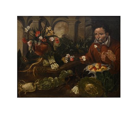 Pietro Paolo Bonzi (attribuito a) (Cortona, 1576 - Roma, 1636) 
La merenda del fruttivendolo 
olio su tela cm 102x130