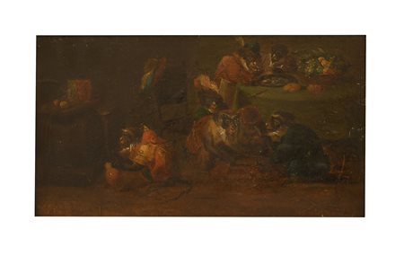 David Teniers II (probabilmente_dapres) (Anversa, 1610 - Bruxelles, 1690) 
Il banchetto delle scimmie  
Olio su tavola cm 13x25; con cornice cm 24x33