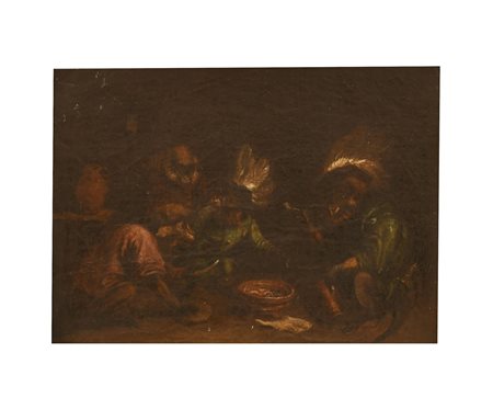 David Teniers II (probabilmente_dapres) (Anversa, 1610 - Bruxelles, 1690) 
Scimmie che fumano e che bevono 
Olio su carta applicata su tela cm 13x24; con cornice cm 27x33