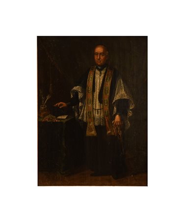 Scuola italiana del XVIII secolo ( - ) 
Ritratto di Vescovo con stola e paramenti accanto ad un tavolo 
olio su tavola cm 30x42