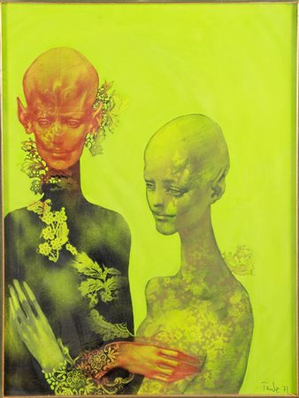 Riccardo Tauber (Budapest 1935), “Figure su fondo verde”, 1971. Olio su tela, firmato e datato