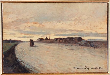 Gino Romiti (Livorno 1881 - 1967), “Paesaggio con figure”, 1912. Olio su tavoletta, firmato e