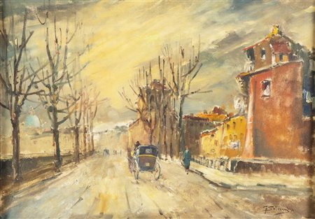 Giuseppe Solenghi (Milano 1879 - Cernobbio 1944), “Paesaggio con carrozza”. Olio su tela,