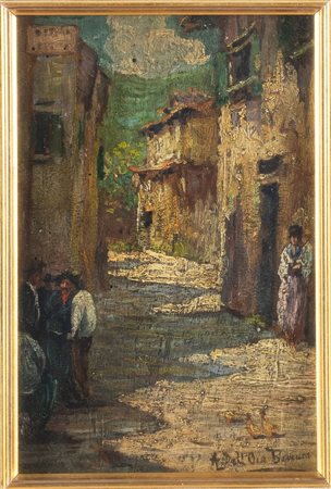 Angelo Dall'Oca Bianca (Verona 1858 - 1942), “Scorcio di paese”. Olio su tavoletta, firmato in
