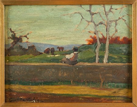 Giovanni Bartolena (Livorno 1866 - 1942), “Paesaggio con pastore”. Olio su cartone, firmato in
