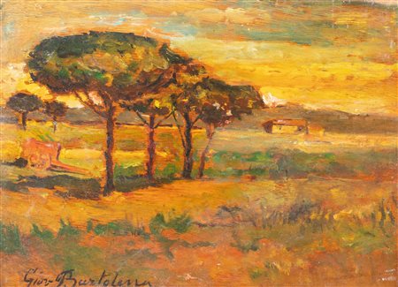 Giovanni Bartolena (Livorno 1866 - 1942), “Paesaggio con alberi”. Olio su tavoletta, firmato in