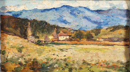 Ferruccio Rontini (Vicchio 1893 - Livorno 1964), “Paesaggio di montagna con casolare”, 1928.