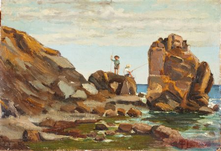 Artista del XIX-XX secolo, “Paesaggio con pescatori”.  Olio su cartone telato, firmato in basso