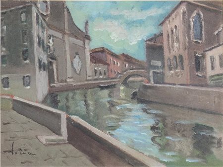 Attilio Doria (Rovigo 1908 - Pavia 1985), “Venezia”. Olio su cartone, firmato in basso a